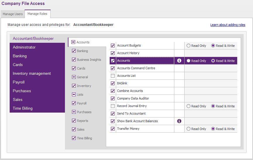 A screenshot of the privilege and access levels available in the purple MYOB interface.