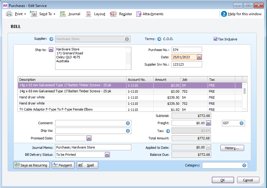 A screenshot of the Purchases window in MYOB AccountRight Live.
