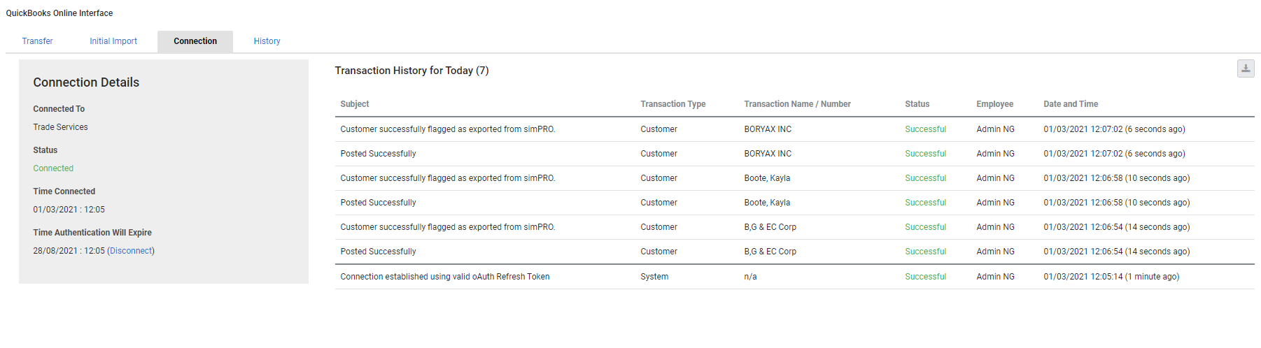 A screenshot of the Transaction History for QuickBooks Online in Simpro Premium.