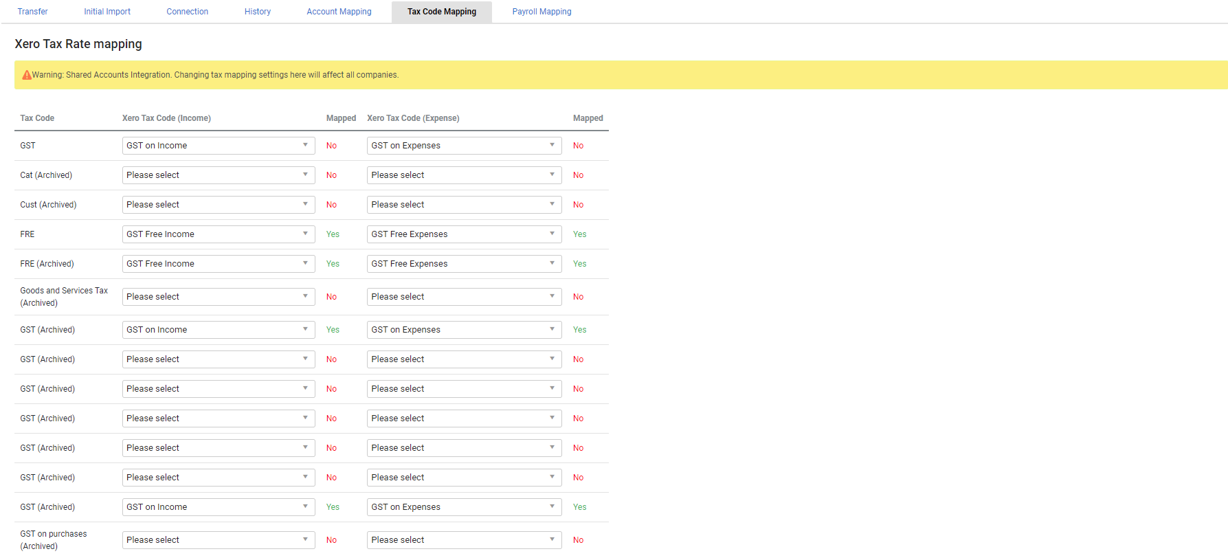 A screenshot of the Tax Code Mapping tab.