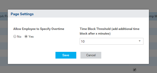 A screenshot of the Times page settings for Connect, including check boxes for allowing employees to specify overtime and a drop-down list for time block thresholds.