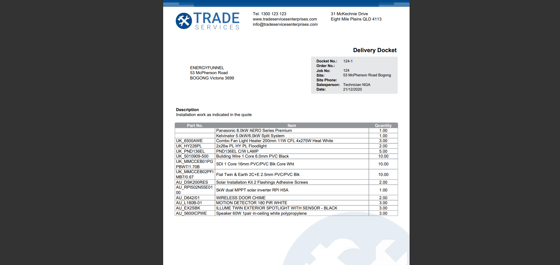 A screenshot of an example delivery docket form PDF.