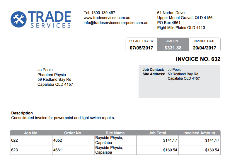 A screenshot of a consolidated invoice form PDF.