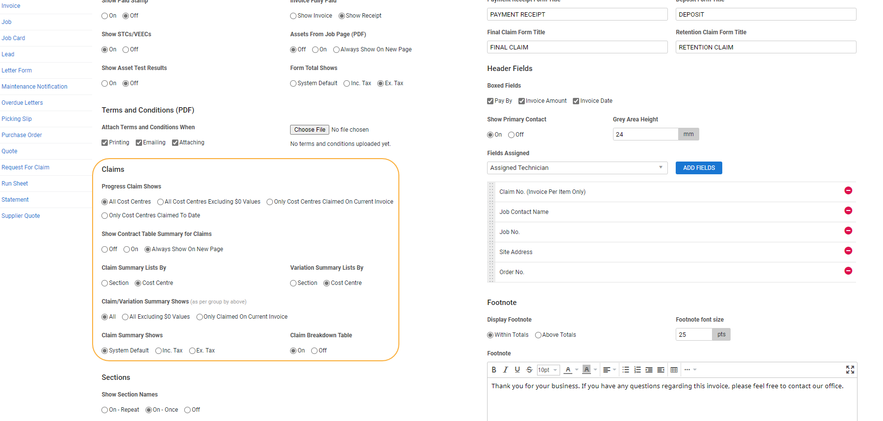 A screenshot of the Claim forms setup options.