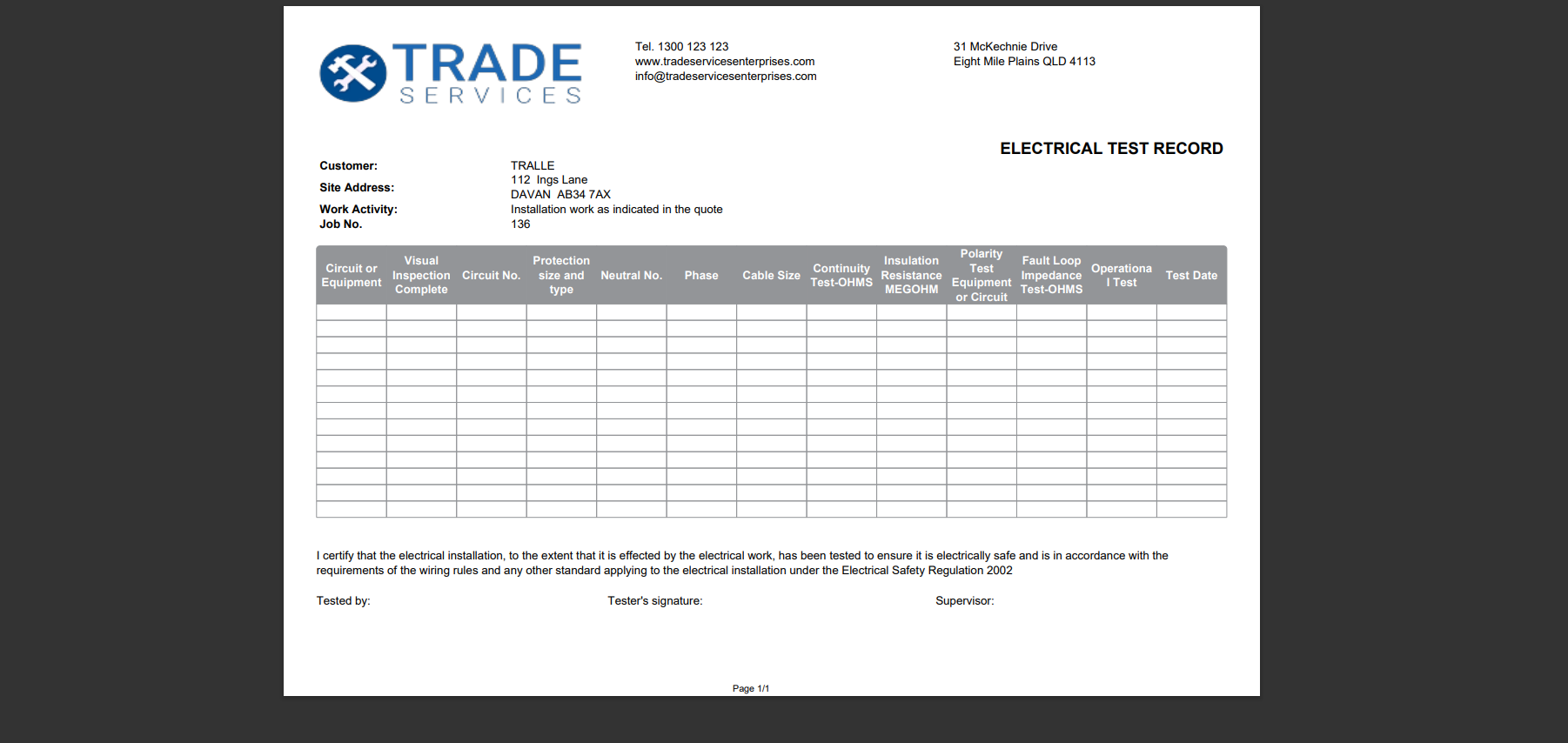 A screenshot of the advanced gas certification form.