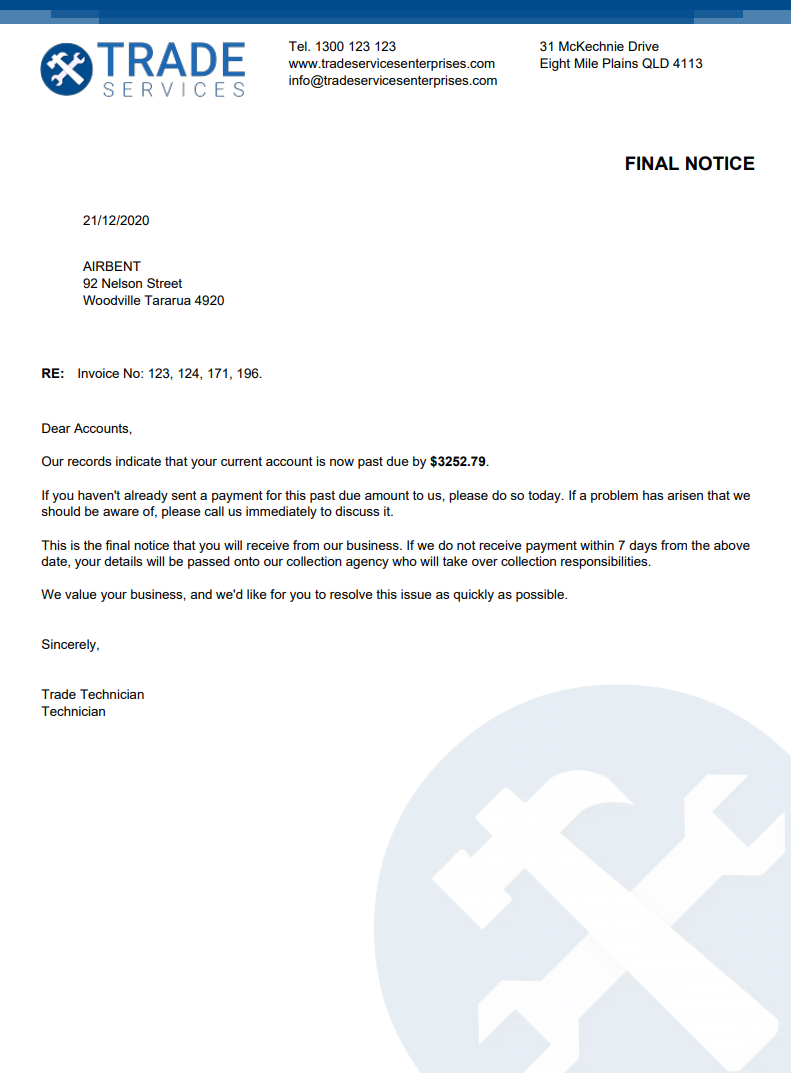 A screenshot of a PDF overdue letter header with the title 'Final Notice'.