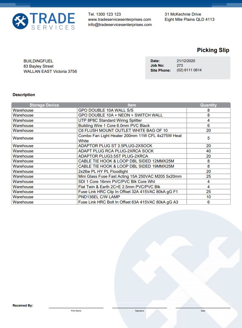 A screenshot of the picking slip form.