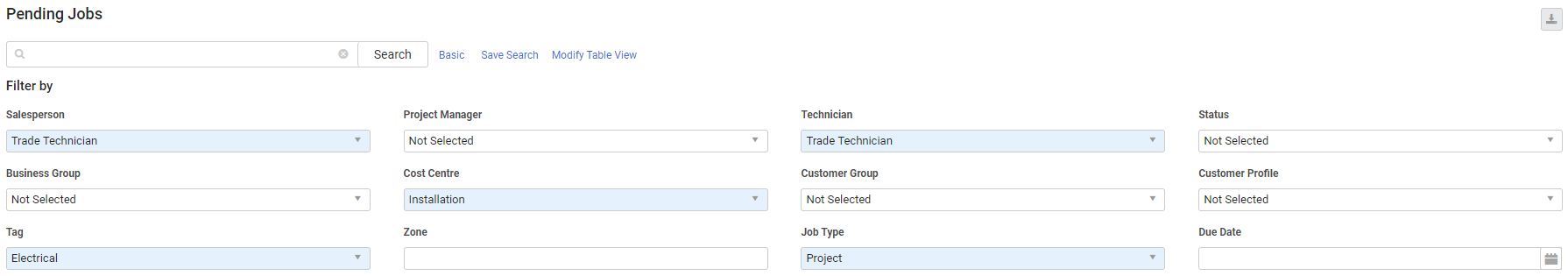 A screenshot of the filters available in the Pending Jobs table.