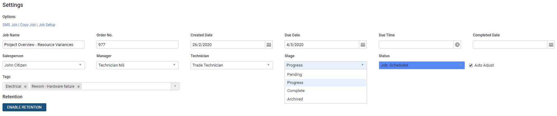 A screenshot of the Stage drop-down in a job.