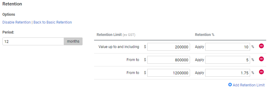 A screenshot of the retention amount and limits table, with a text box showing the number of months in the retention period.