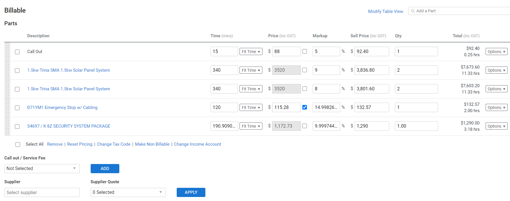 A screenshot of the options available for billable parts.
