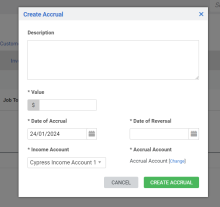 A screenshot of an accrual being created.