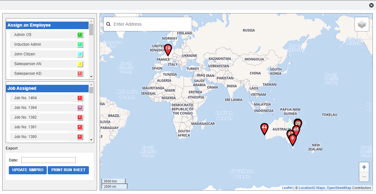A screenshot of jobs assigned on a map.