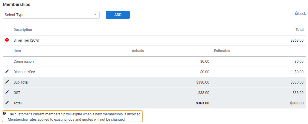 A screenshot of the warning that appears when you add a membership cost centre to a job with an active membership.