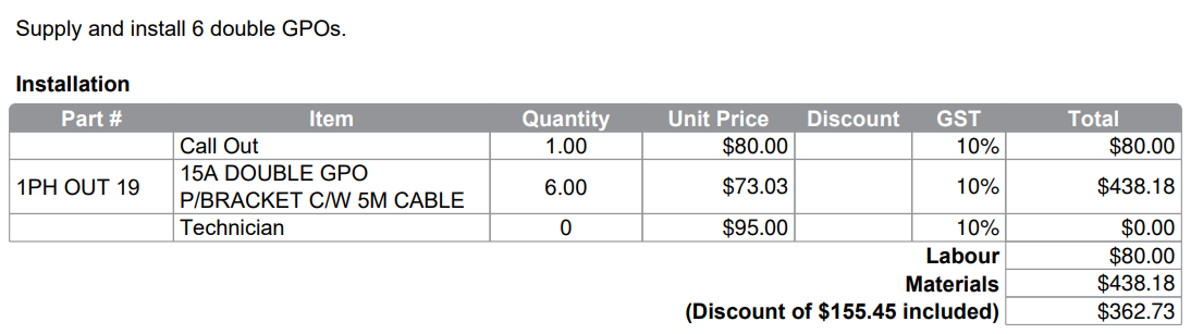 A screenshot of a discount in brackets on a job form.
