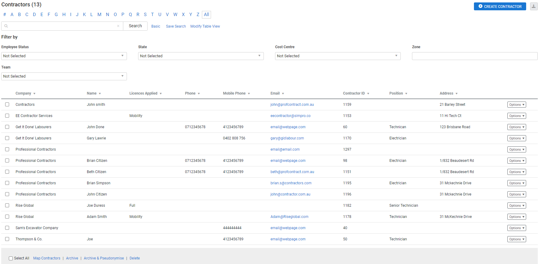 A screenshot of an advanced search in the Contractors table.