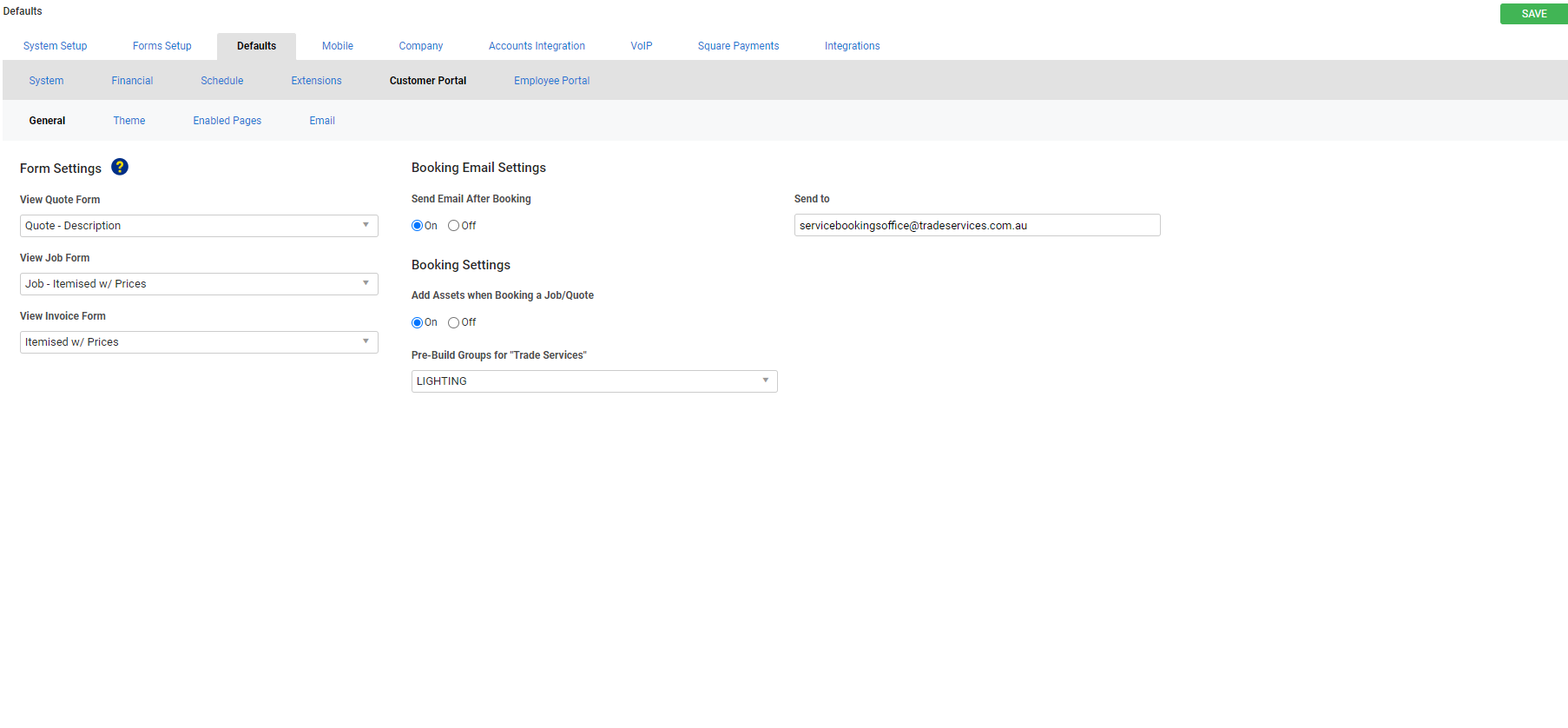 A screenshot of the general settings for the customer portal.