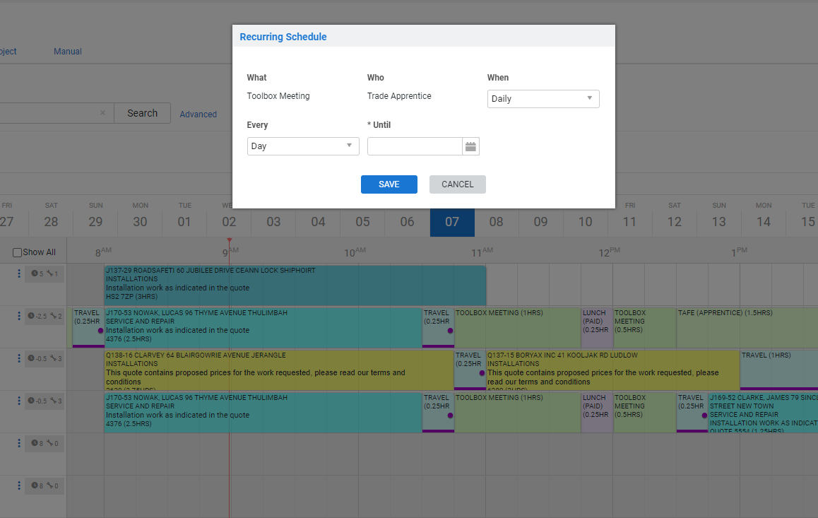 A screenshot of the Recurring Schedule pop up window.