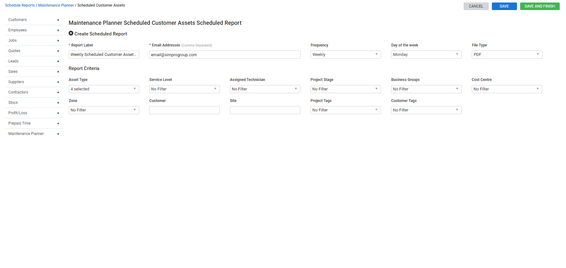 A screenshot of a Job WIP report being scheduled.