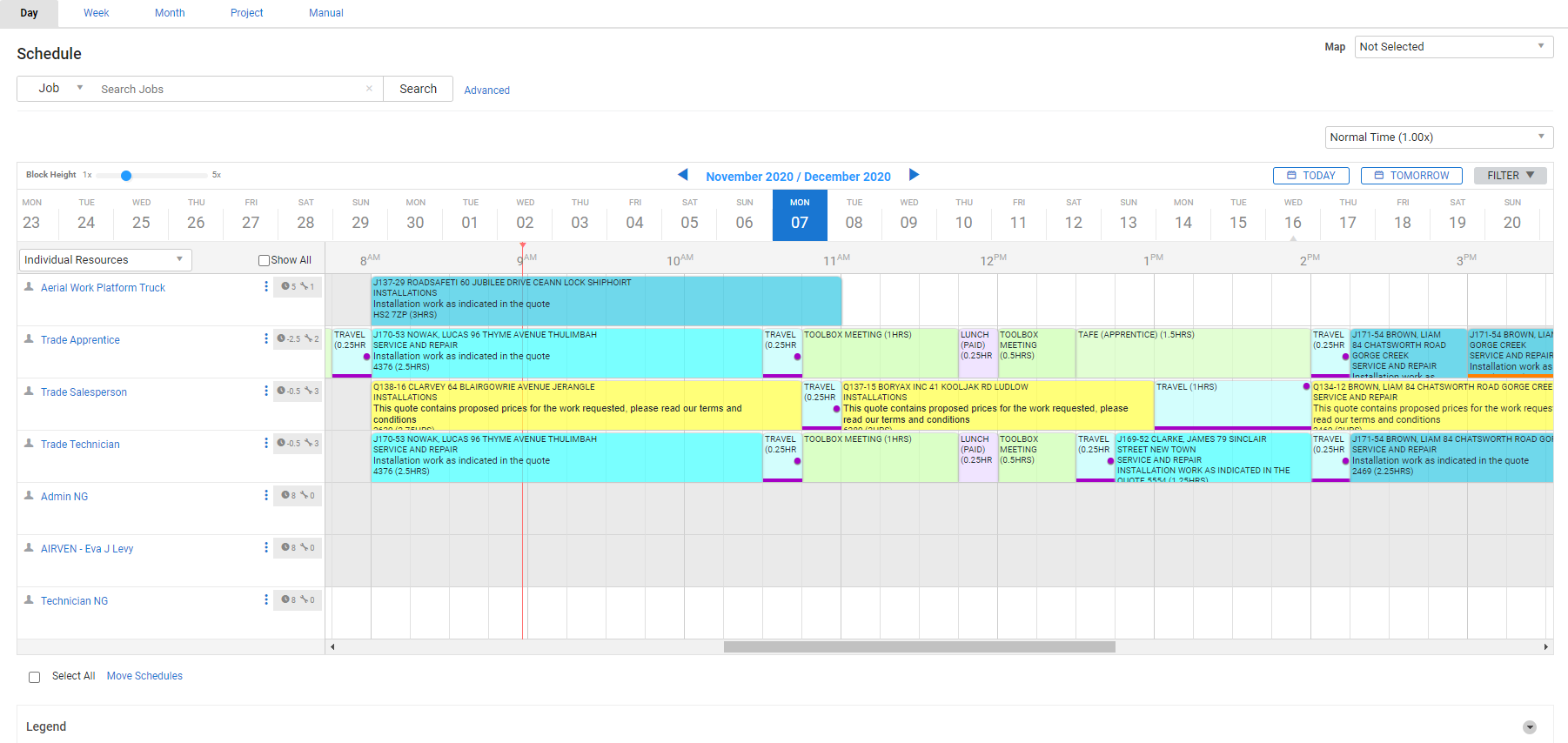 A screenshot of a project scheduled in Day View.