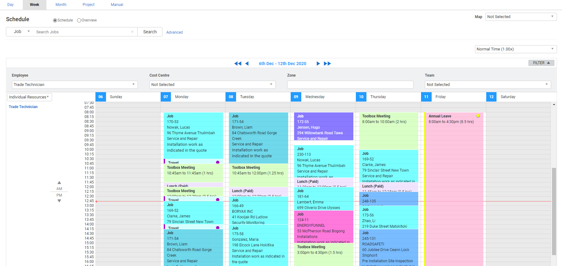 A screenshot of schedules in Week View.