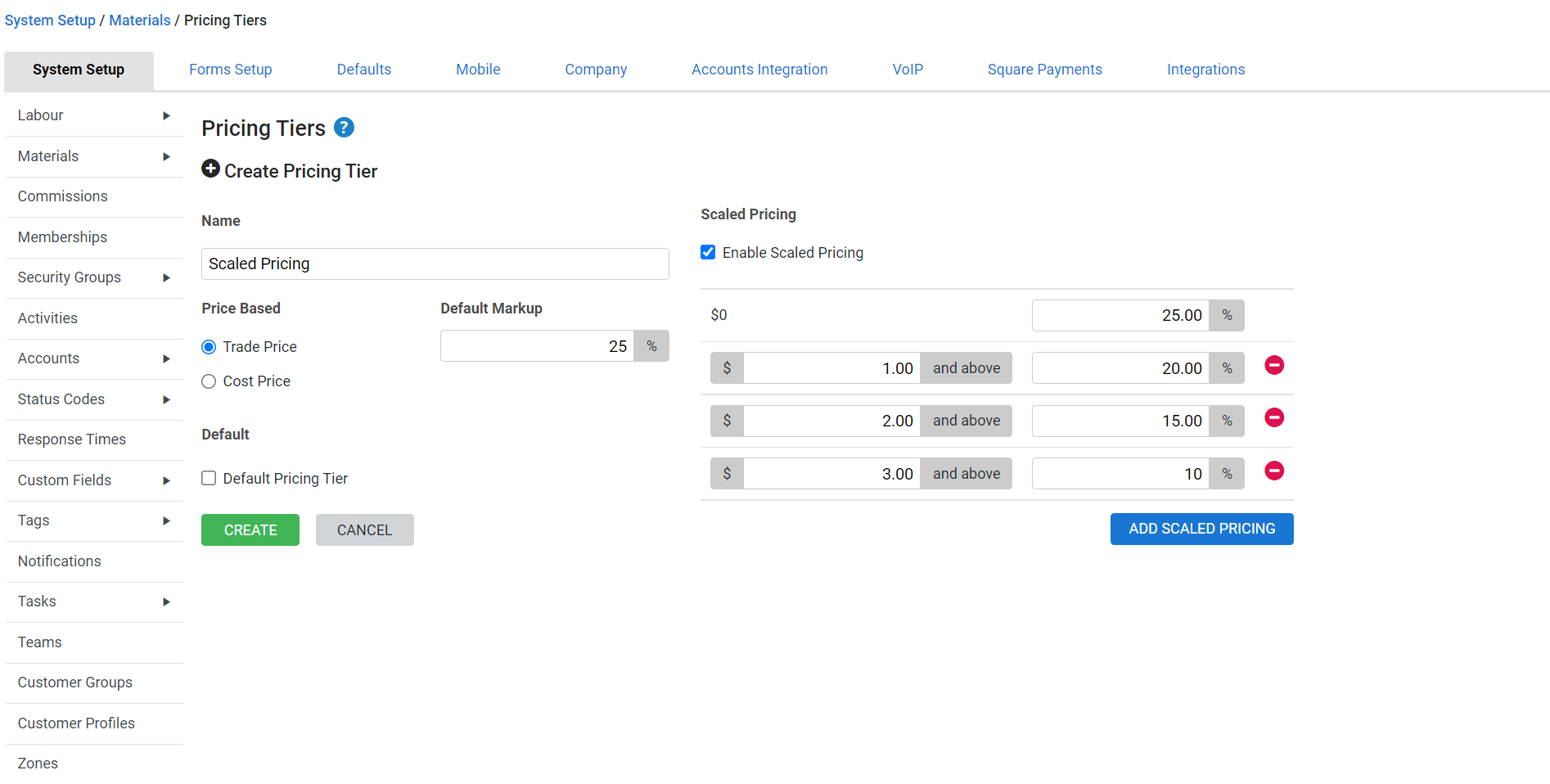 A screenshot of the Create Pricing Tier page.