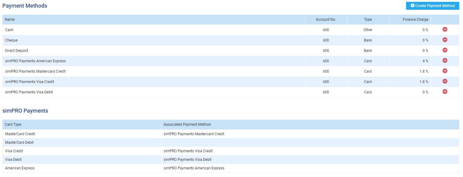 A screenshot of the payment methods and Simpro Premium Payments card types you can link to in System Setup.