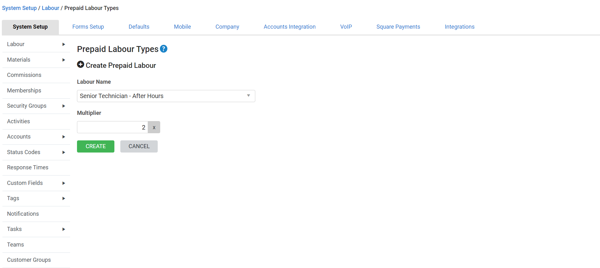 A screenshot of the Create Prepaid Labour page.