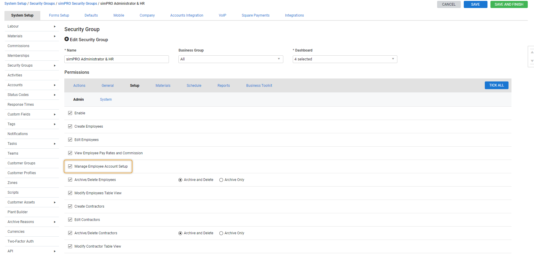 A screenshot of the Manage Employee Account Setup checkbox.