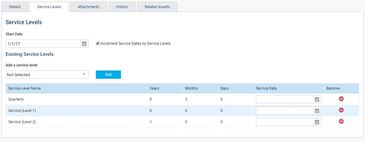 A screenshot of the service levels tab in an asset, with a start date at the top.