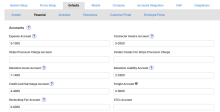 A screenshot of the Stripe Processor charge fields in Financial Defaults.