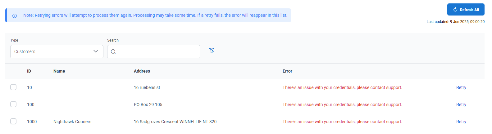 A screenshot of the Errors tab in the Sage Intacct accounting link.
