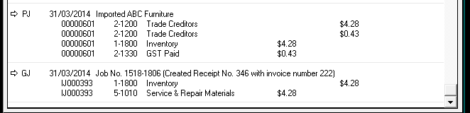 A screenshot of transactions for purchase orders receipt to a job in MYOB.