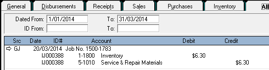 A screenshot of transactions in MYOB representing stock reassigned back to a storage device.
