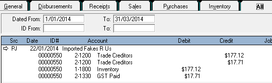 A screenshot of accounts debited and credited from a purchase order in MYOB.