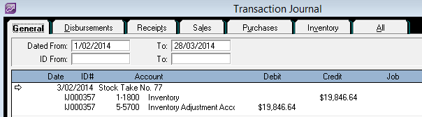 A screenshot of a stock adjustment recorded in MYOB.