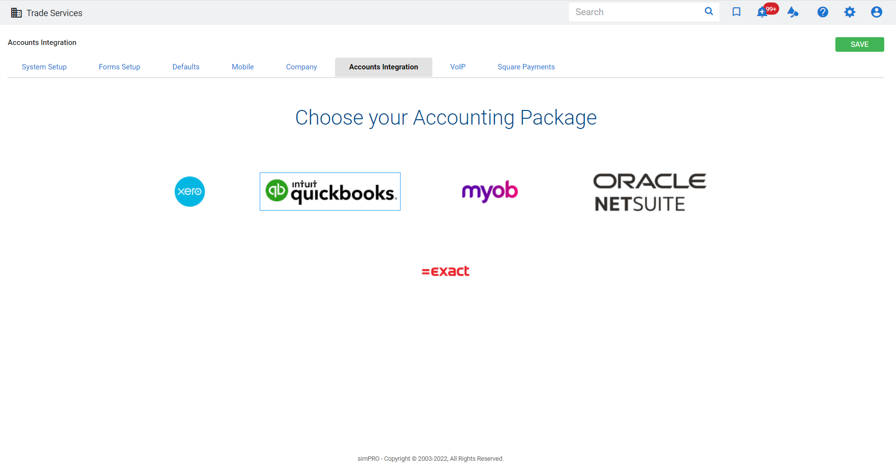 A screenshot of the Accounts Integration tab in System Setup.