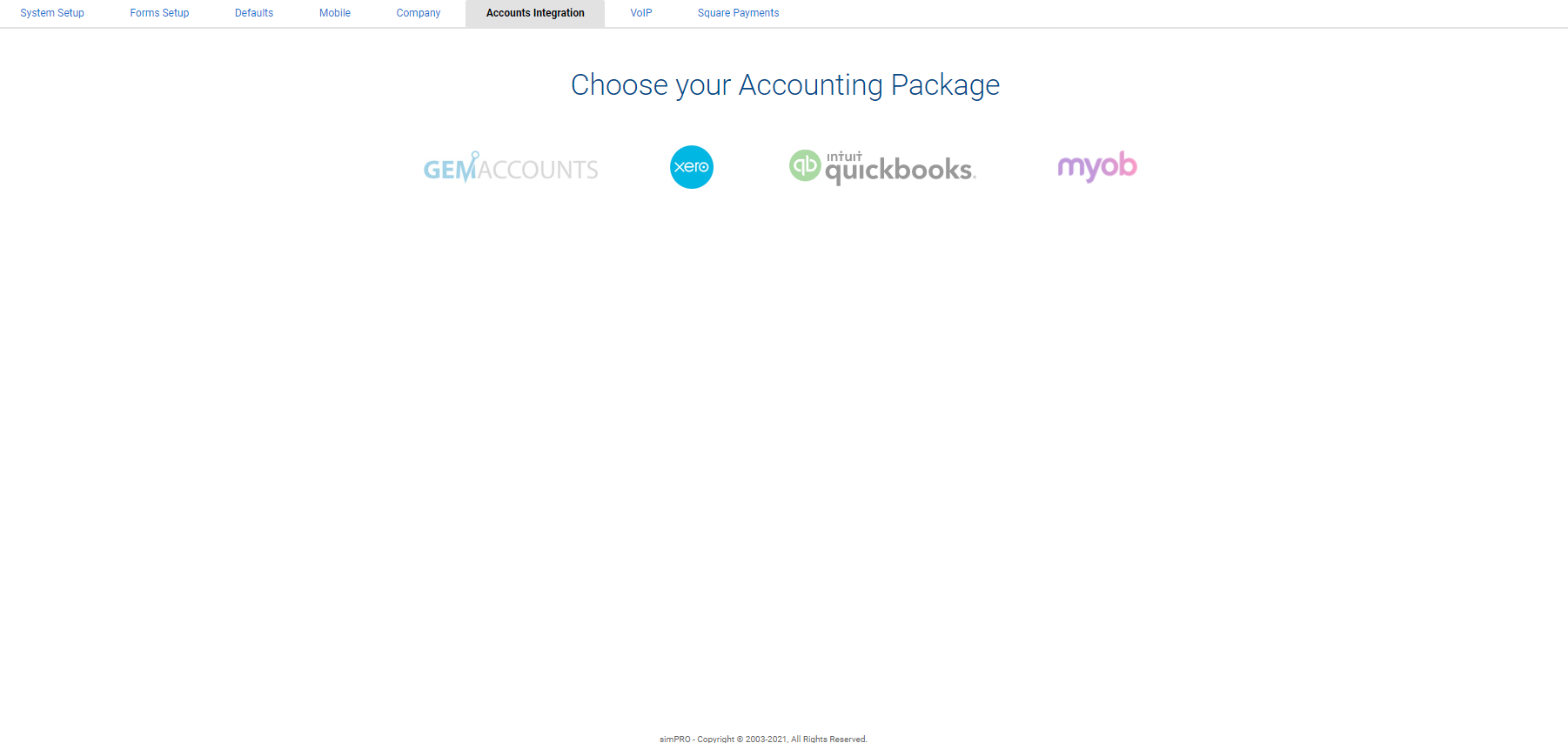 A screenshot of the available cloud accounting packages to select to integrate with in simPRO.