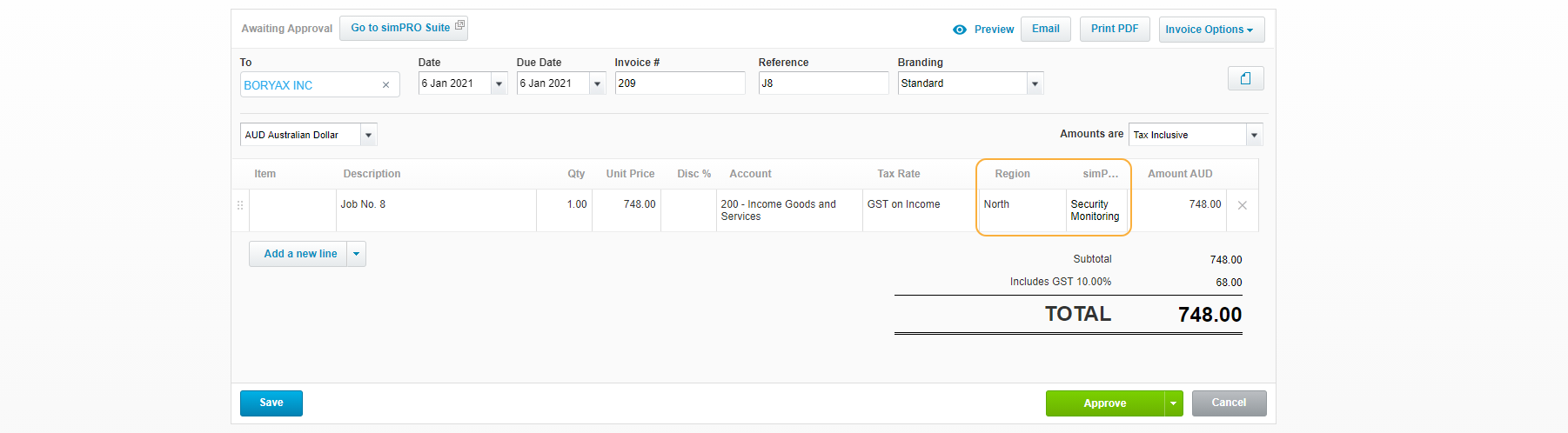 A screenshot of a tracking category applied to a line item in an invoice in Xero.