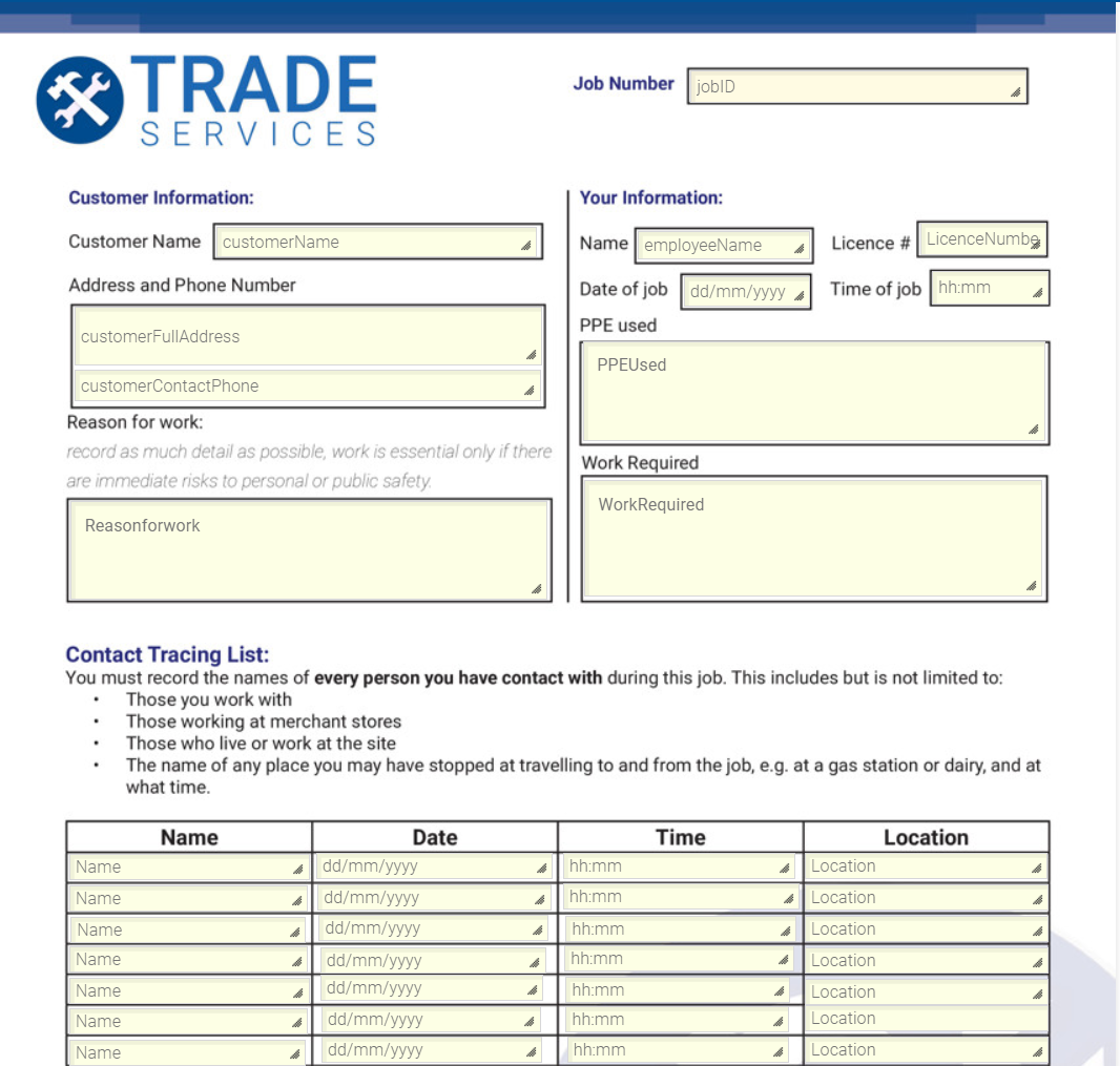 A screenshot of the contact tracing form template.