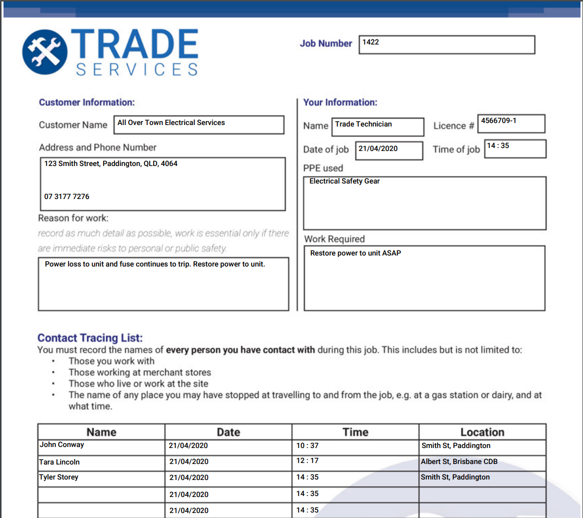 A screenshot of a submitted contact trace form.
