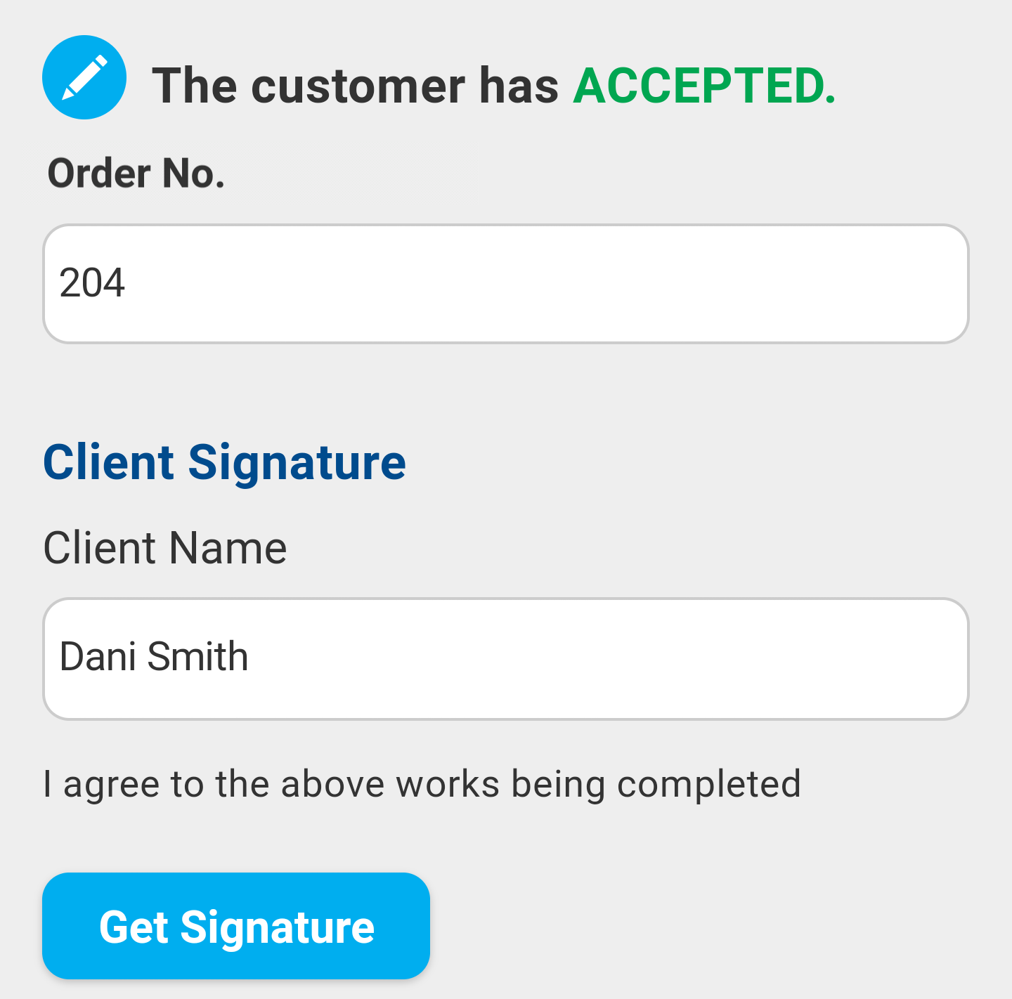 A screenshot of the PO number field in the Quote Summary page and the signature options.