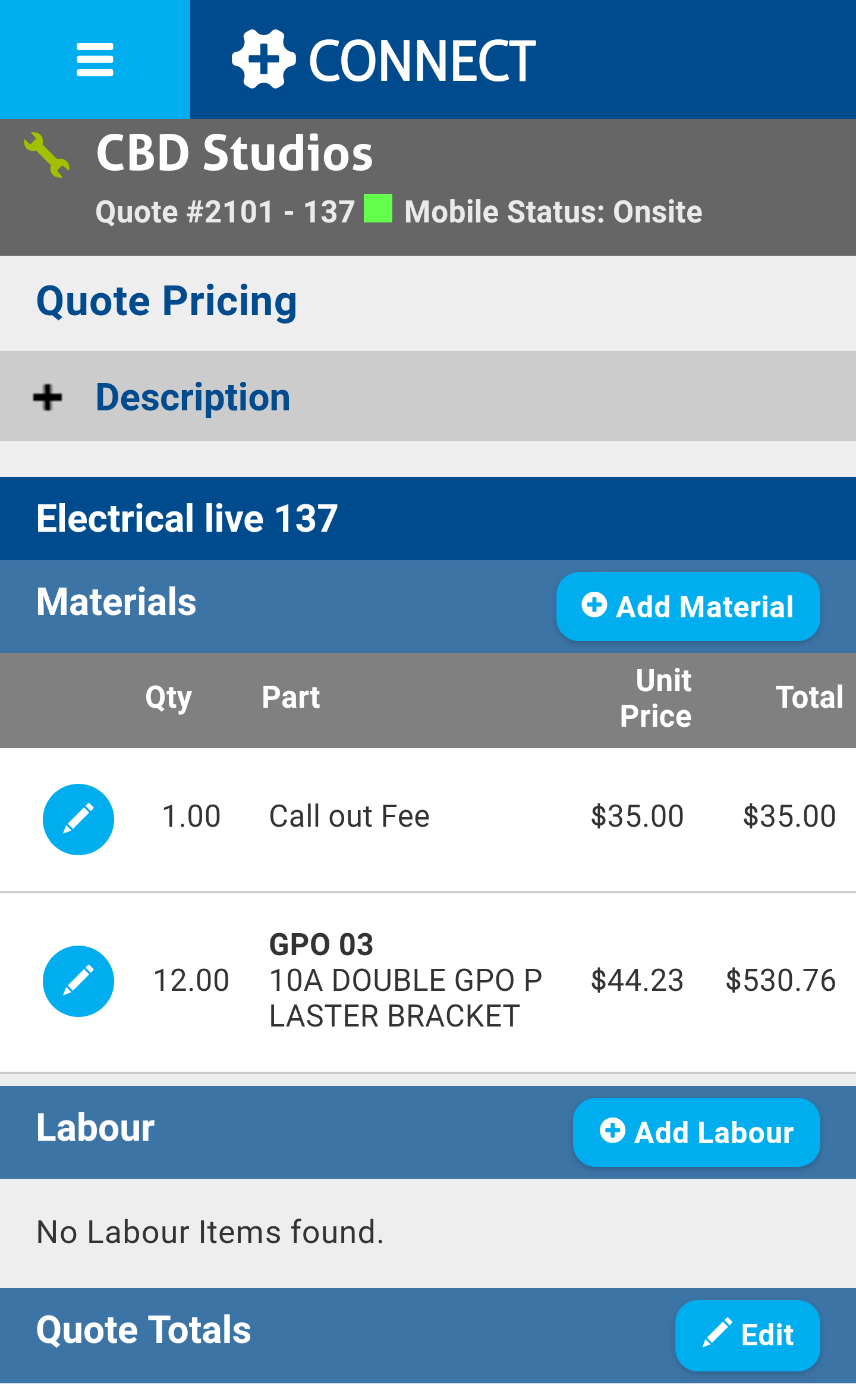 A screenshot of the Quote Pricing page in Connect.