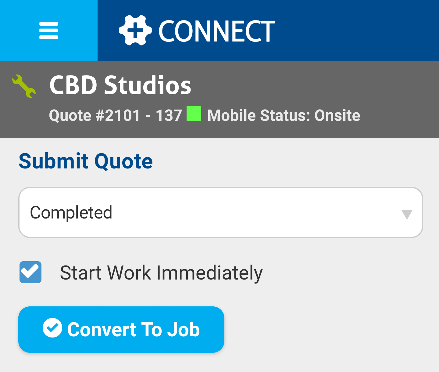 A screenshot of the Submit page in Connect with the Start Work Immediately check box.