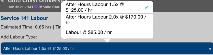 A screenshot of available labour rates to add in a drop-down list.