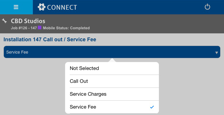 A screenshot of the available service fees to bill to a job in Connect.