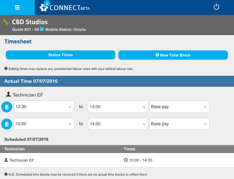 A screenshot of the timesheet page for a quote in Connect.