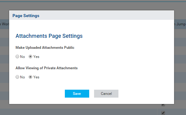 A screenshot of the Connect Attachments settings, including checkboxes for public and private viewing options.