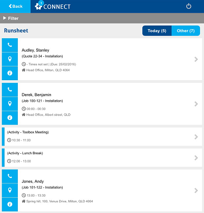 A screenshot of the Connect runsheet, including jobs, quotes, and activities.