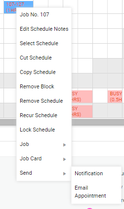 A screenshot of the drop-down list option from the Schedule view to send a manual notification.